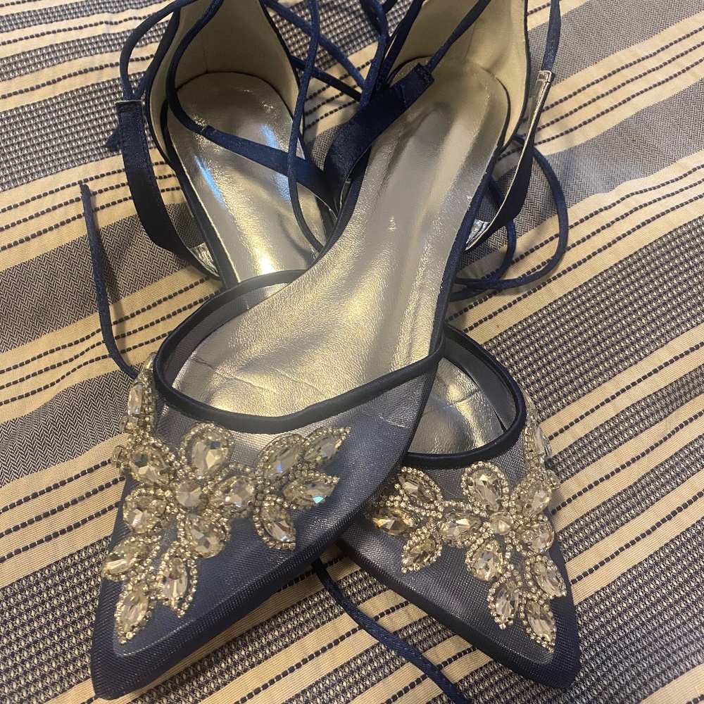 Navy blue rhinestone strap up sandals